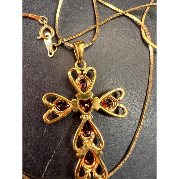 Vintage SETA Garnet Cross Pendant Necklace Gold Tone 24” - Picture 6 of 13